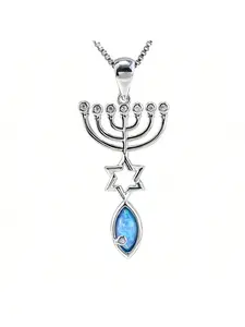 Blue Opal Magen David Menorah Pendant Necklace,Inlaid Zircon Judaica Jewelry,Meaningful Protection Gift for Hanukkah Bar Mitzvah