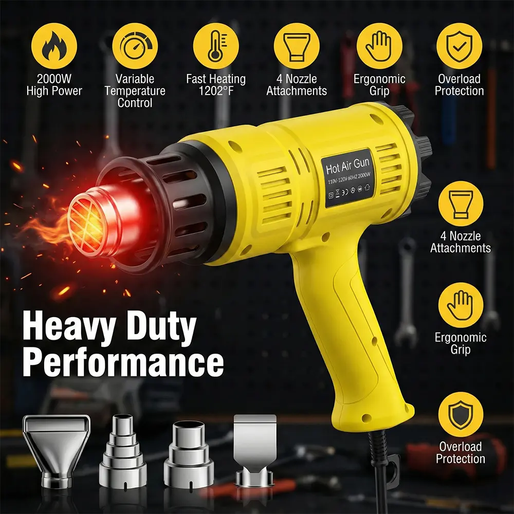 2000W High Power Electric Heat Gun (Power Tool) with Ergonomic-Stable Grip, Stepless Temperature Control, Precise Heat Control, Fast Heating, 4 Nozzles, Overload Protection for Quick & Efficient Work, Stable & Safe Operation on PVC, DIY Crafts