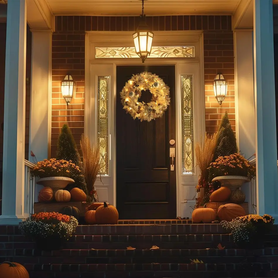 Pre-Lit Artificial Fall Wreath with LED Lights, Pumpkins, Pinecones,Rustic Maple Leaves for Thanksgiving Front Door Decor,Fall Wreaths for Fall Leaves Berries Pine Cones,Wreath Fall Decorations for Home Thanksgiving Halloween Decorations for Wall Door