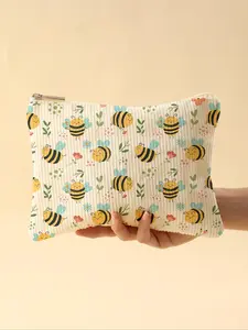 Bee Pattern Corduroy Makeup Bag, Lightweight Zipper Makeup Bag, Multifunctional Makeup Organizer for Toiletries and Accessories, Handheld Cosmetic Pouch, Makeup Storage Bag