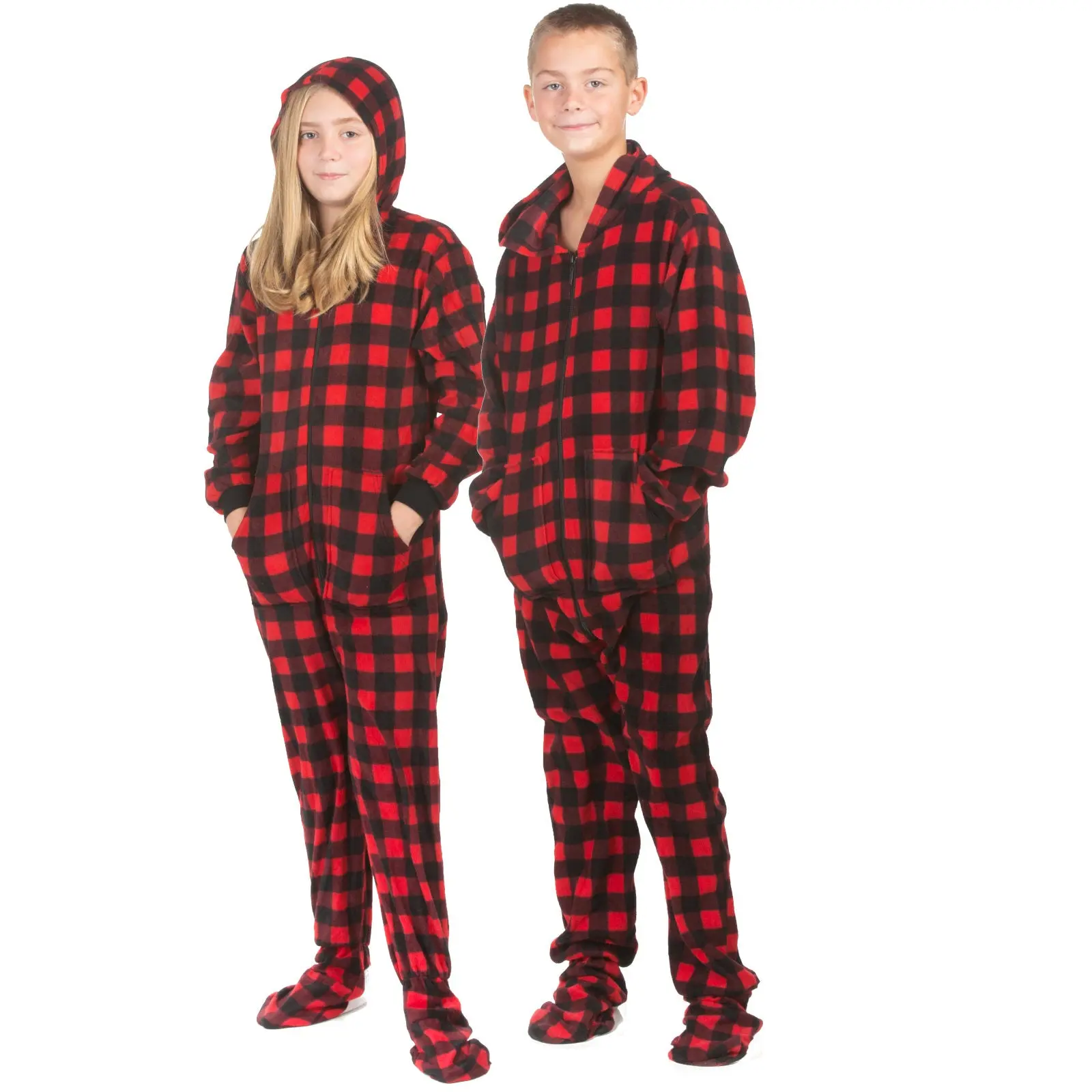 Red & Black Buffalo Plaid Fleece Hooded Footed Onesie Pajamas for Boys & Girls