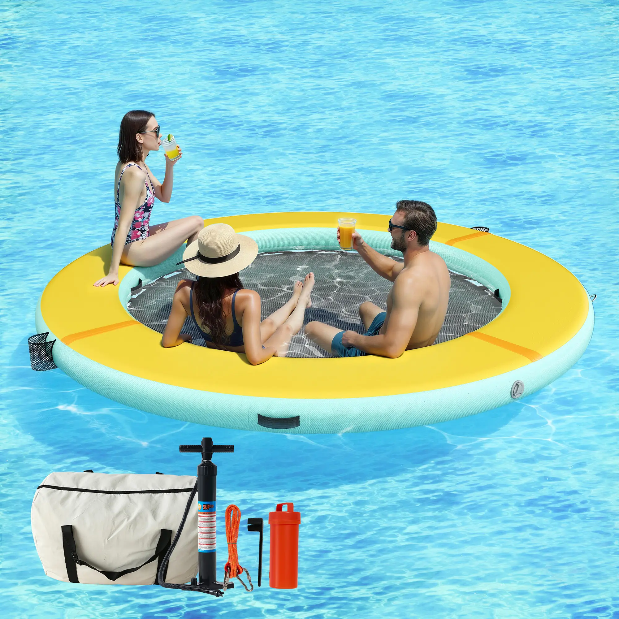 AMERLIFE Hexagon/Circle/Triangle 8FT/10FT/12FT Inflatable Water Hammock for Adults, Fun for Toddler & Kids Ages 3+, Floating Raft Dock Platform with Mesh, Heavy Duty Water Float Dock for Lake Beach Party
