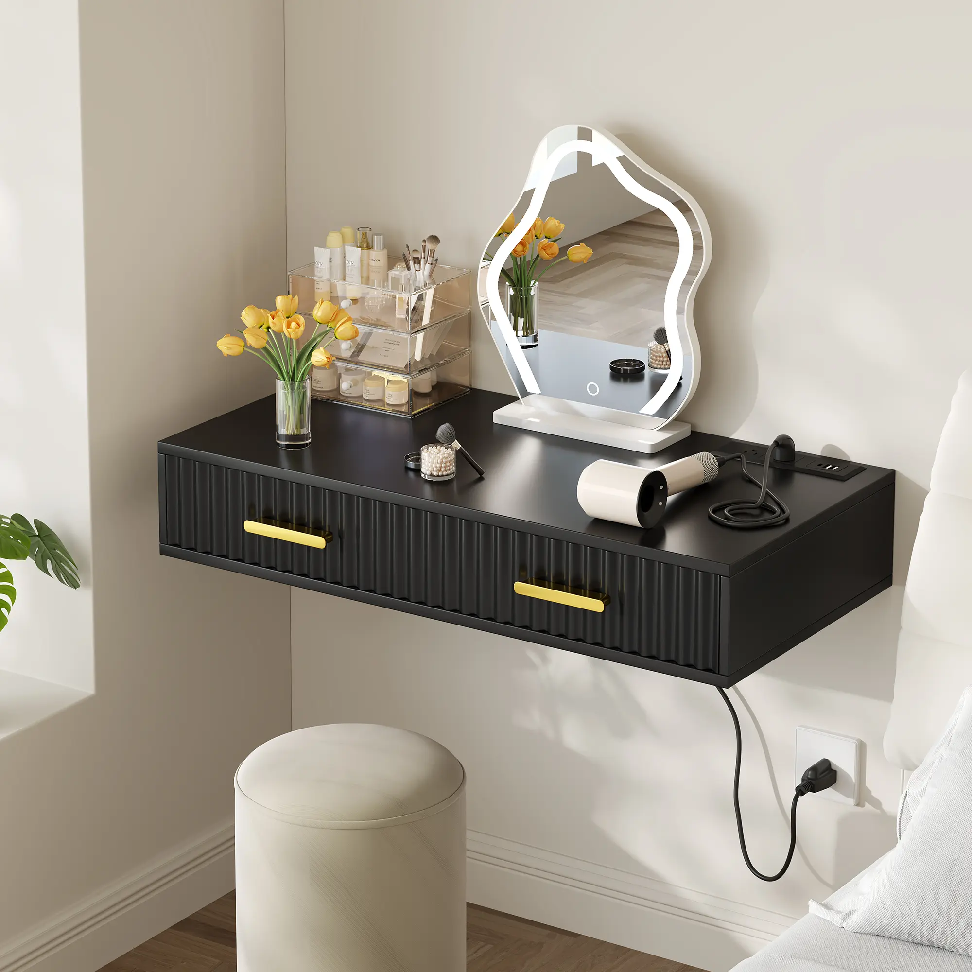 31.5" Floating Vanity Desk No Mirror, Wall Mounted Makeup Desk with 1 Drawer & Power Outlet, Fluted Black and Gold Space Saving Writing Desk for Bedroom, Apartment & Home Office