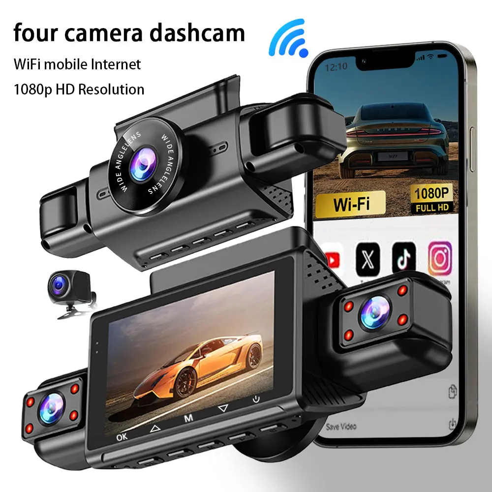 FLOXGINO 4 Channel WiFi Dash Cam Front and Rear Inside with 64G SD Card, Card Clear Night Vision, HDR，Automotive Driving Recorder3 Channel WiFi Dash Cam Front and Rear Inside with 64G SD Card, Card Clear Night Vision, HDR，Automotive Driving Recorder
