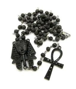 BA UNIQUE FASHION Egyptian God Pharaoh King Ankh Rosary 6mm 30" Lava Stone Necklace Jet Black Color