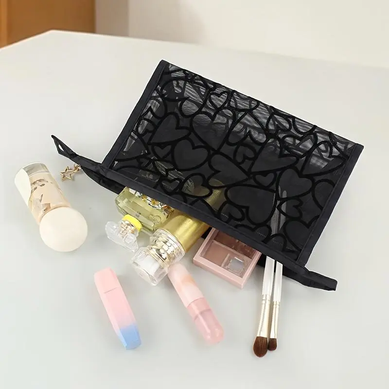 Cosmetic Bag Fashion Mesh Flocking Large Peach Heart Briefcase, Suitable for Small Item Storage, Daily Life and Travel Use