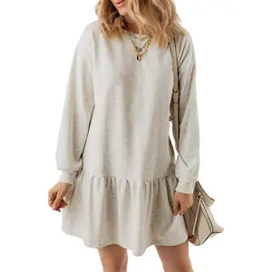 Womens 2025 Fall Long Sleeve Pullover Tops Crewneck Rib Knit Patchwork Sweatshirt Dress Casual Mini Dresses