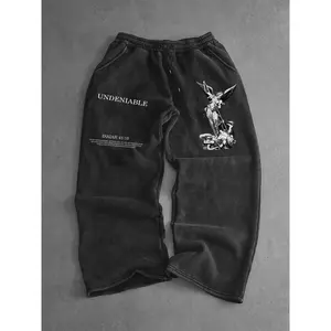 Men’s cotton sweatpants with an elastic waistband and statue print; streetwear with letter print; fitted casual vintage style; perfect for leisure and work