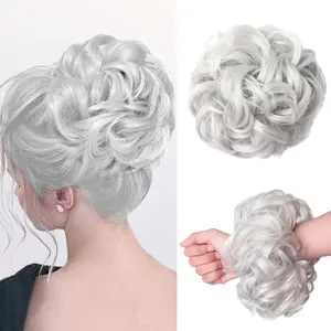 Messy Bun Hair Piece Hair Bun Wavy Curly Scrunchies Chignon Ponytail Hair Extensions Fake Hair Bun Extensions Synthetic Tousled Updo Hairpieces for Women(Silver Grey)
