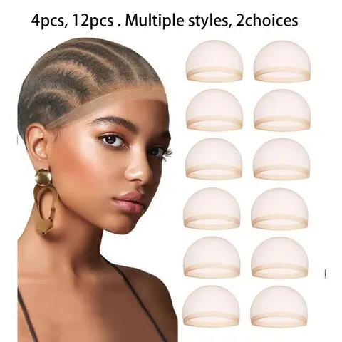 4/12Pcs HD Wig Cap Stocking Wig Caps Invisible Ultra Thin Sheer Breathable Stretchy Nylon Transparent Wig Caps for Women Lace Front Wigs Adjustable Wig Cap