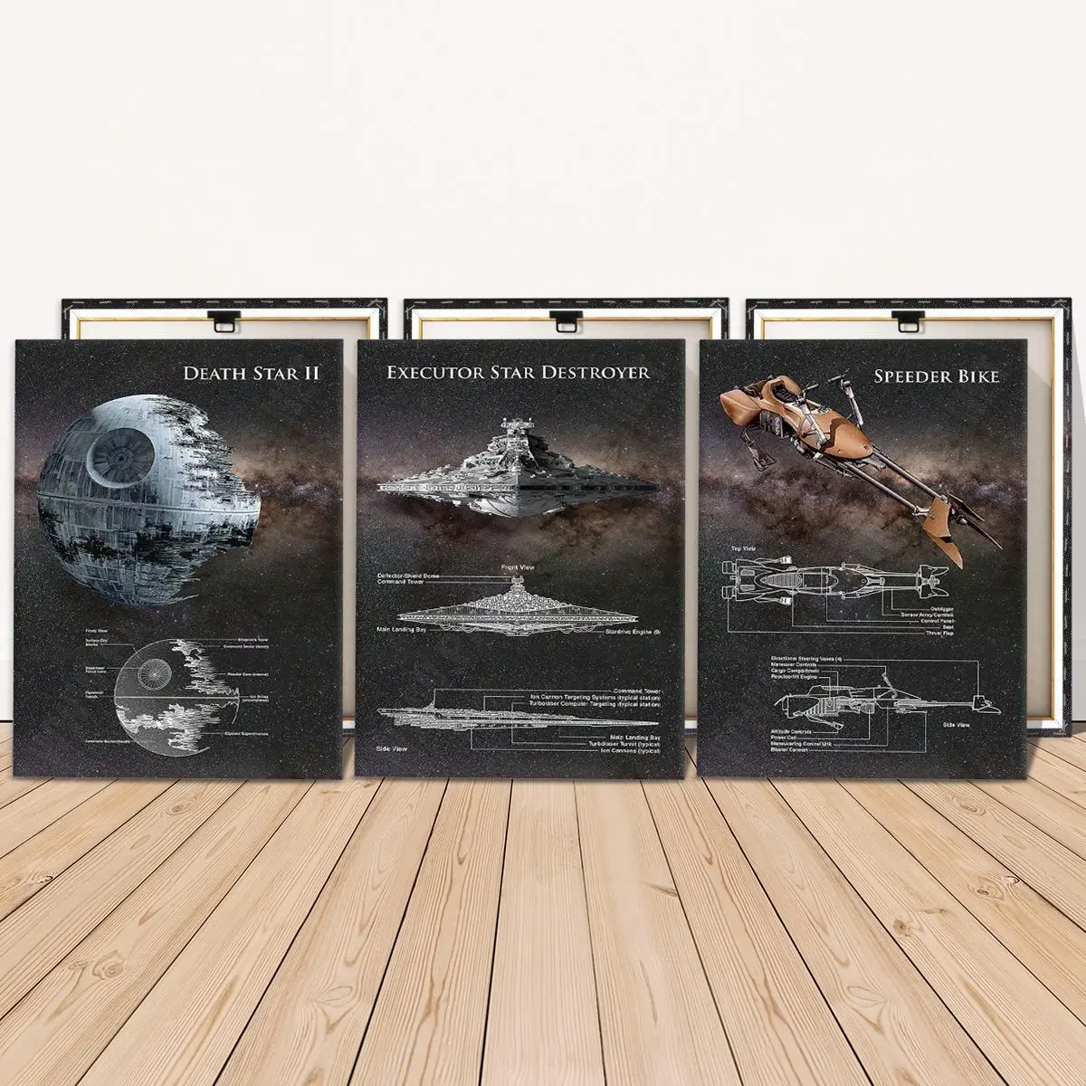 Wooden Framed Canvas Painting, 3 Counts Starship Design Poster, Unique Artwork, Space Theme Design, Space Fans Fun Design Decoration for Office, Living Room, Bedroom, Home, Dining Room, Decorative Wall Art, Wood Wall Art