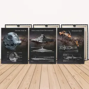 Wooden Framed Canvas Painting, 3 Counts Starship Design Poster, Space Fans Fun Design Decoration for Office, Living Room, Bedroom, Home, Dining Room, Wood Wall Art
