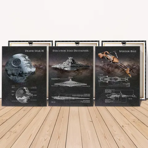 Wooden Framed Canvas Painting, 3 Counts Starship Design Poster, Unique Artwork, Space Theme Design, Space Fans Fun Design Decoration for Office, Living Room, Bedroom, Home, Dining Room, Decorative Wall Art, Wood Wall Art