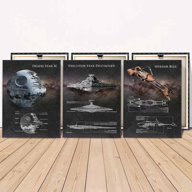 Wooden Framed Canvas Painting, 3 Counts Starship Design Poster, Unique Artwork, Space Theme Design, Space Fans Fun Design Decoration for Office, Living Room, Bedroom, Home, Dining Room, Decorative Wall Art, Wood Wall Art