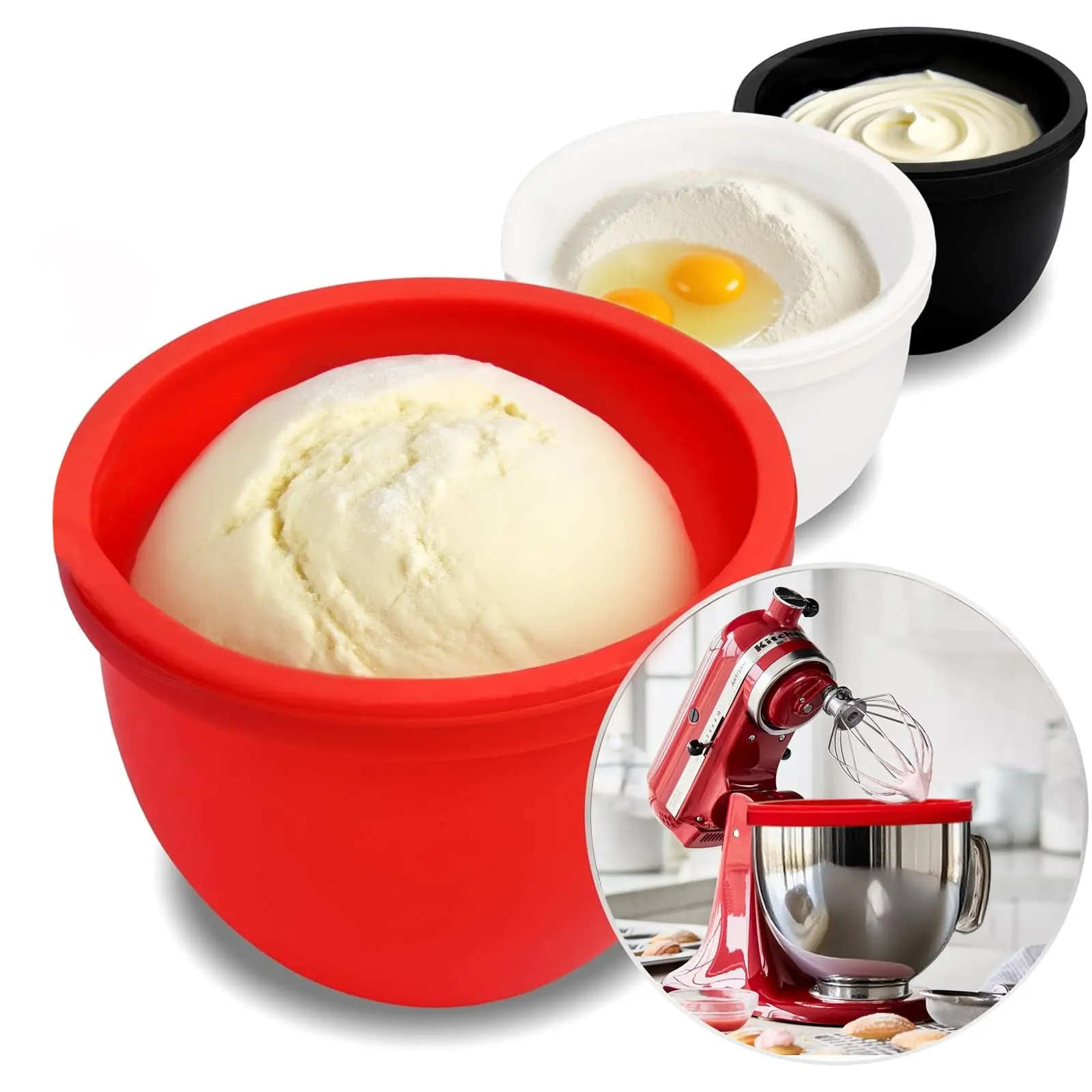 GJANSH 3-Pack Silicone Bowl Liners for KitchenAid 5 Qt Tilt-Head Mixer - Mixing Bowls with Lids, Dishwasher Safe & Mess-Free Prep, Aesthetic Colors