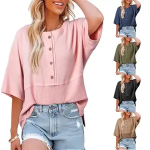 Women's Waffle Knit Top 2026 Summer New Fashionable Three-Quarter Sleeve Casual Button Shirt Round Neck Loose Patchwork Shirt