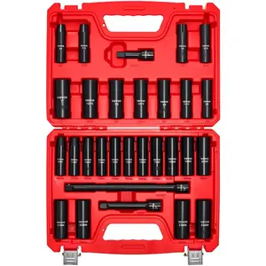 VEVOR 1/2 in Drive Impact Socket Set, 29 Piece, 6 Point Deep Impact Sockets, SAE (3/8 to 1 inch) and Metric (10 to 24 mm) Sizes with Extension Bars (3, 5, 10 in), Cr-V Steel, Heavy Duty Carrying Case