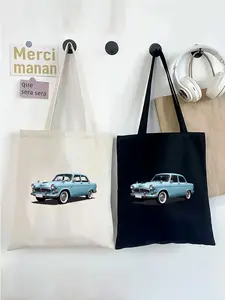 Vintage Classic Blue Car Print Tote Bag Casual Daily Use for Car Enthusiasts Retro Style Lovers Ideal Birthday Christmas Gift for Men Women Fathers Day Present EcoFriendly Durable Shopping Bag