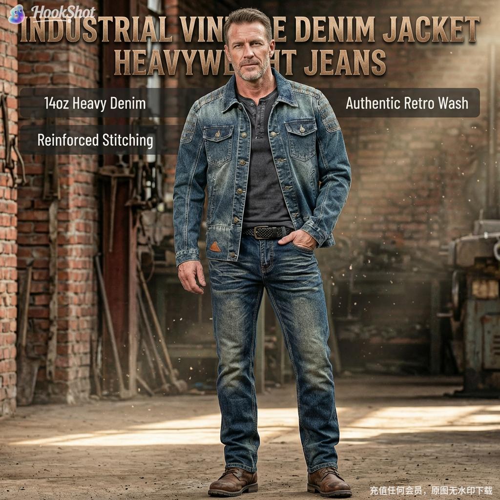 Men's Blue Denim Jacket & Jeans Matching Set, Vintage Streetwear Double Denim Outfit, Casual Regular Fit Mid-Wash Co-Ord, Trendy Spring Daily Wear, Comfortable Durable All-Denim Ensemble for Modern Men's Street Style