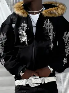Men's Zipper Hoodie with Fur Collar, Angel Pattern Print, Casual Loose-Fitting Sweatshirt, Durable Fabric, Fall & Winter Wear, Fall Winter Clothing