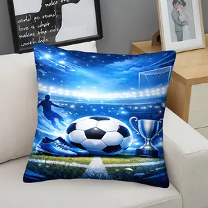 Soccer Stadium Theme Digital Print Throw Pillow, Football Themed Cushion with Stadium Lights, Soccer Ball & Trophy Print, Sports Style Pillow for Sofa Bed, Perfect for Soccer Fans, Teen Boys Room Decor and Sports Lovers. Includes Pillow Insert.