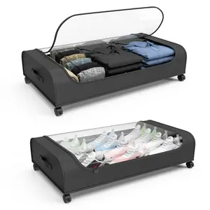 XXL Capacity Movable Square Metal Under-Bed Storage Cabinet Racks - Metal Frame, Wheeled Rolling Drawer, Silent Wheels, Transparent Window Containers, Easy Installation for Storing Clothes, Shoes