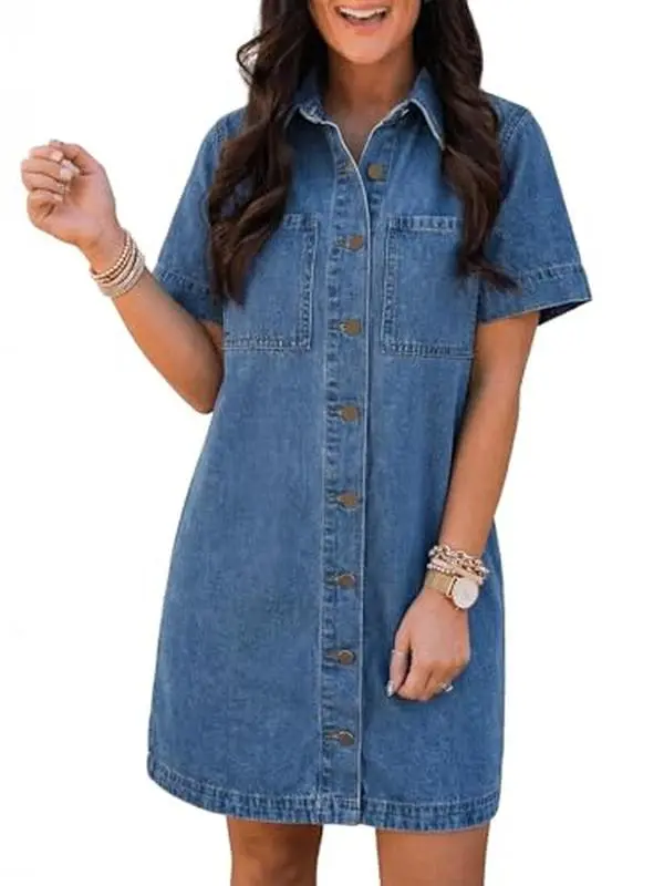 EMMIOL Button Down Denim Dress for Women - Short Sleeve Babydoll Mini Jean Shirt Dresses Summer Casual Trendy Outfits