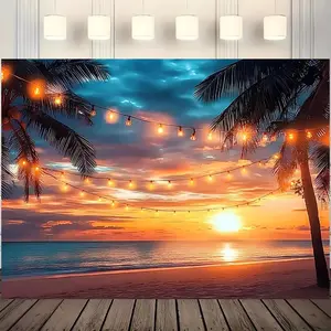 Beach Sunset Pattern Background Banner, Tropical Backdrop, 1 Count Photography Background, Wedding Party Decoration, Studio Decoration, Birthday Background, Anniversary Commemoration, Ornaments