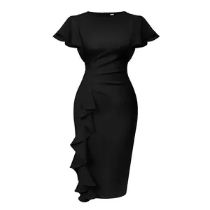 OYS Women's Vintage Church Ruffle Sleeve Ruched Bodycon Work Midi Pencil Dress OYS Women's Vintage Church Ruffle Sleeve Ruched Bodycon Work Midi Pencil Dress