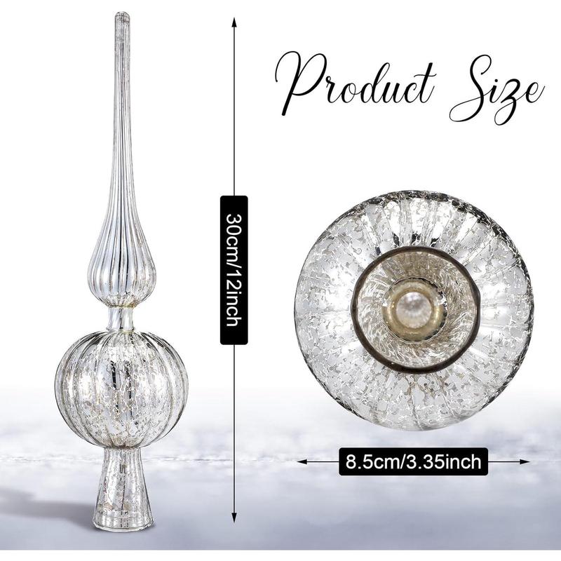 Mercury Glass Finial Christmas Tree Topper 12 Inches Vintage Spherical Xmas Tree Topper Mid Century Christmas Ornament for Home Xmas Holiday Decorations(Sliver)