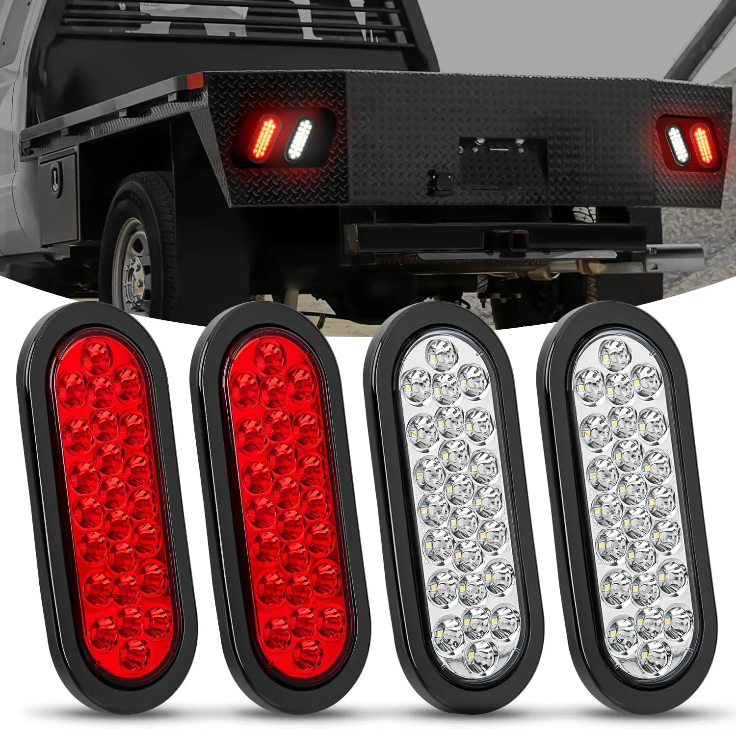 Nilight 6-Inch Oval Shape Tail Light Assembly (4PCS), 24-LED White/Red Brake Turn Signal Reverse, Flush Mount Grommets & Plugs, IP67 Water Resistant Secure 12V LED Lights for Trucks, Boats