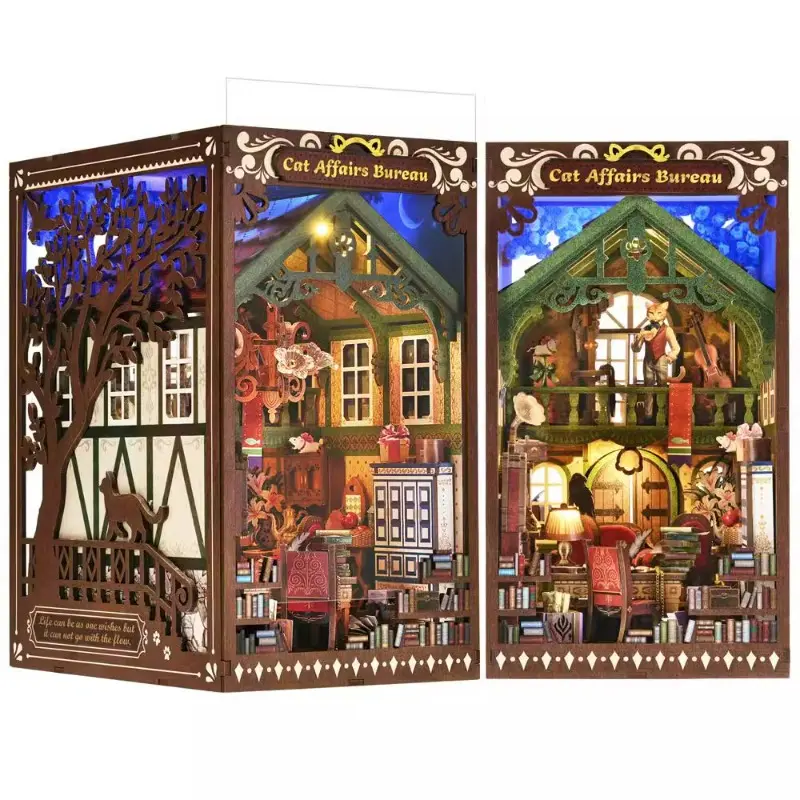 Cat Affairs Bureau 3D Wooden Puzzle Book Nook Kit, Handcrafted Bookshelf Decor Insert, Magic Miniature Book House Stand for DIY Decoration, Creativity Expression and DIY Skills Encouragement