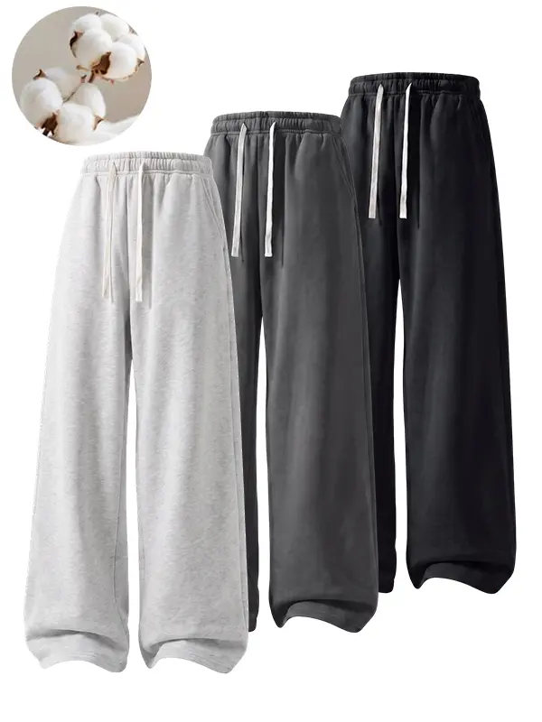 3-PCS Men's Wide Leg Sweatpants, Full Elastic Drawstring Waist, Contrast Off White Drawcords, Loose Wide Trousers, Soft Cotton Blend Casual Daily Bottoms Value Pack