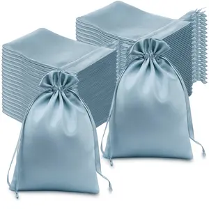 60 Pack 6"x9" Dusty Blue Satin Wedding Party Favor Bags, Drawstring Pouch Gift Bags