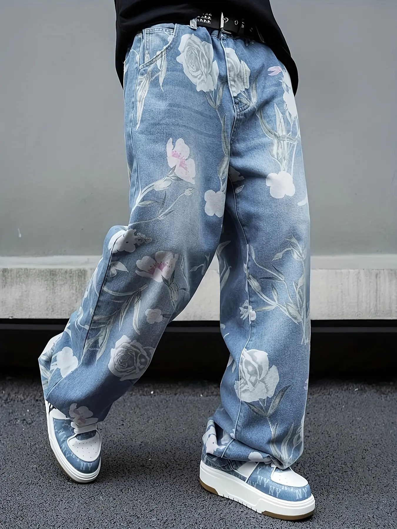 Men's Casual Flower Print Baggy Wide-Leg Jeans, Smooth Washed Cotton-Polyester Blend Denim for All Seasons, Menswear, Flowers, Baggy Floral Jeans, Trouser, Clothes, Dry Clean, Viscose, Loose, Baggy Denim Men's Jeans