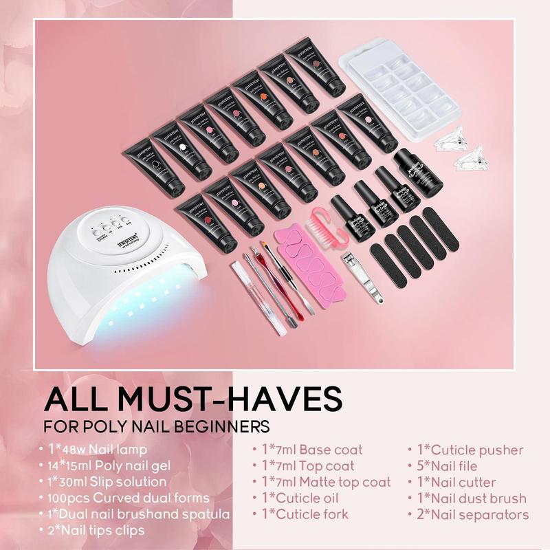 JEWHITENY 14 Colors Poly Extension Gel Nail Kit With Nail Lamp Nude Pink White Brown All In One Poly Nail Gel Starter Kit Poly Gel Nail Kit With Base Top Coat Manicure Salon Frence Nail Art DIY