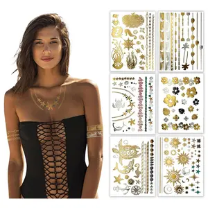 Gold Metallic Tattoo Flash Sheets Designs of Seashells, Sun, Flowers & more!Face Tattoos for Women Waterproof Nontoxic Long Lasting 75+ Designs for Vacation, Festivals Parties - Gold