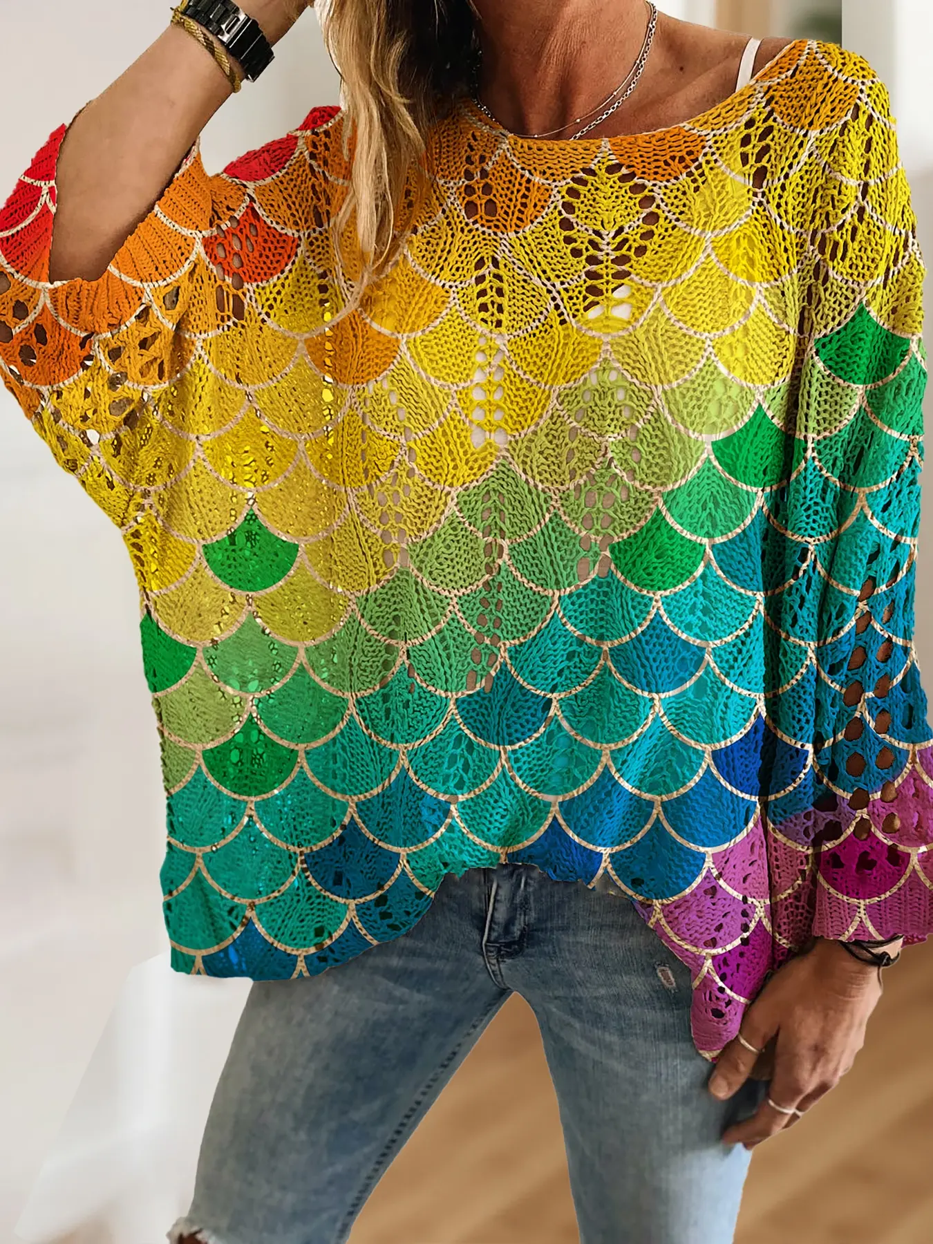 Women's Fish Scale Print Ombre Geometric Long Sleeve Knit Top, Casual Elegant Vacation Style Sweater, Valentine's Day Knitwear, Batwing Shoulder Design