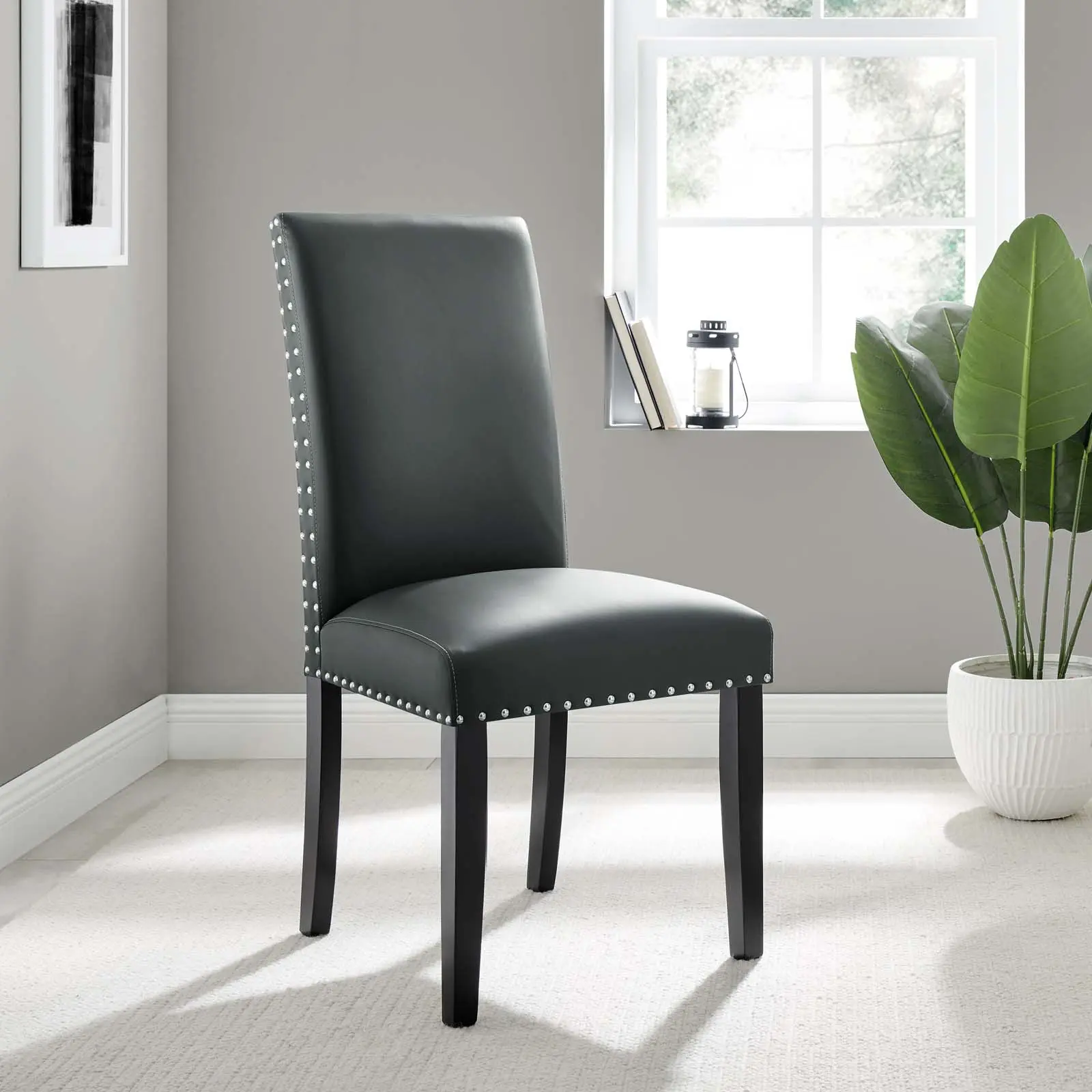 Modway Parcel Modern Upholstered Armchair, Gray Faux Leather Single Seat Indoor Dining Side Chair with Nailhead Trim
