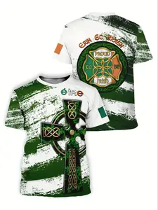 Men's Celtic Cross Ireland Traditional Ethnic Cultural Fitted T-Shirt, Celtic Knots and Clover Print Casual Tee