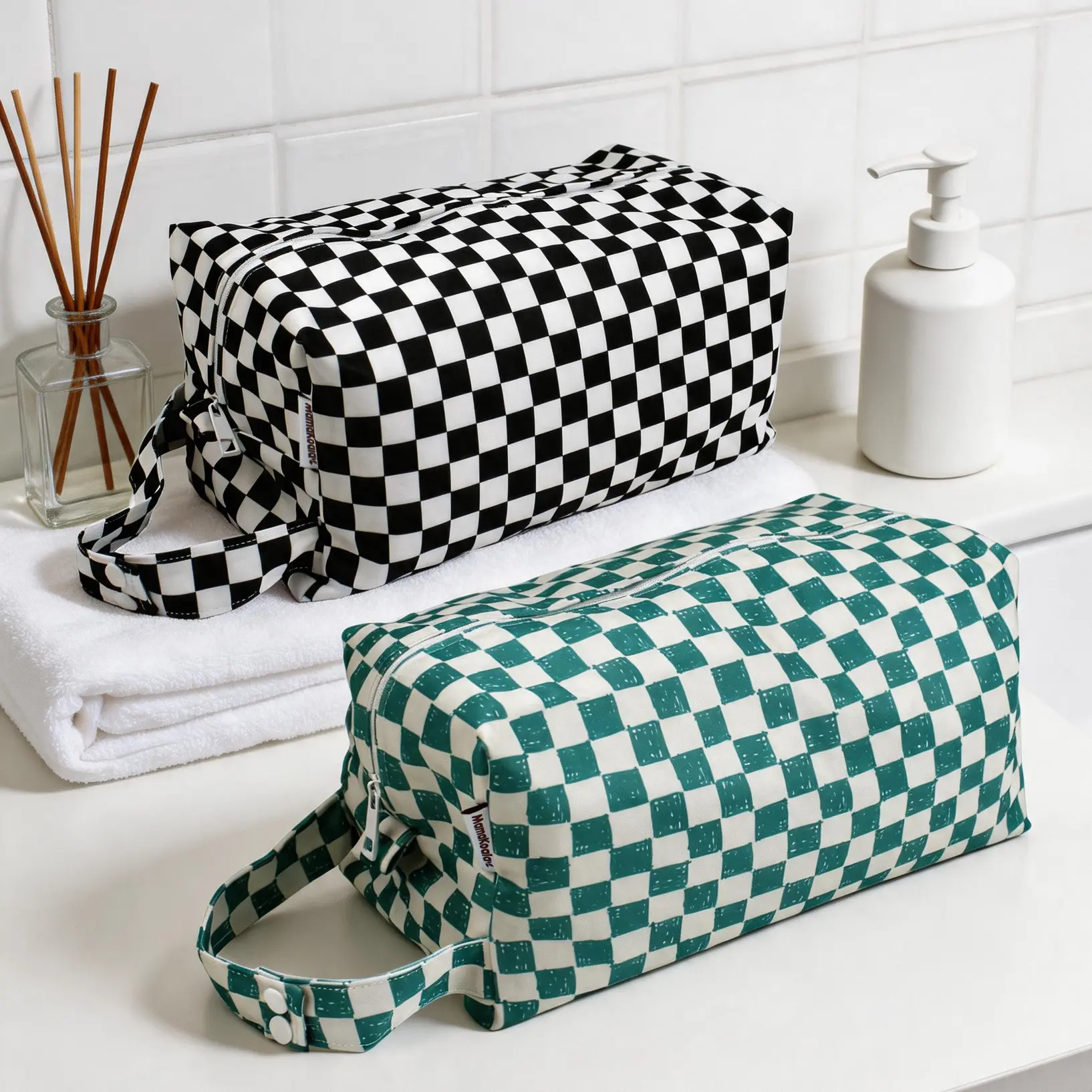 MAMA KOALA Checkered Waterproof TPU Diaper Pods, 2 Pack Reusable Wet Bags with Zipper for Travel, Beach & Diaper Bag Organization, Plaid, Eco-Friendly, Neutral Colors, Printed Outer