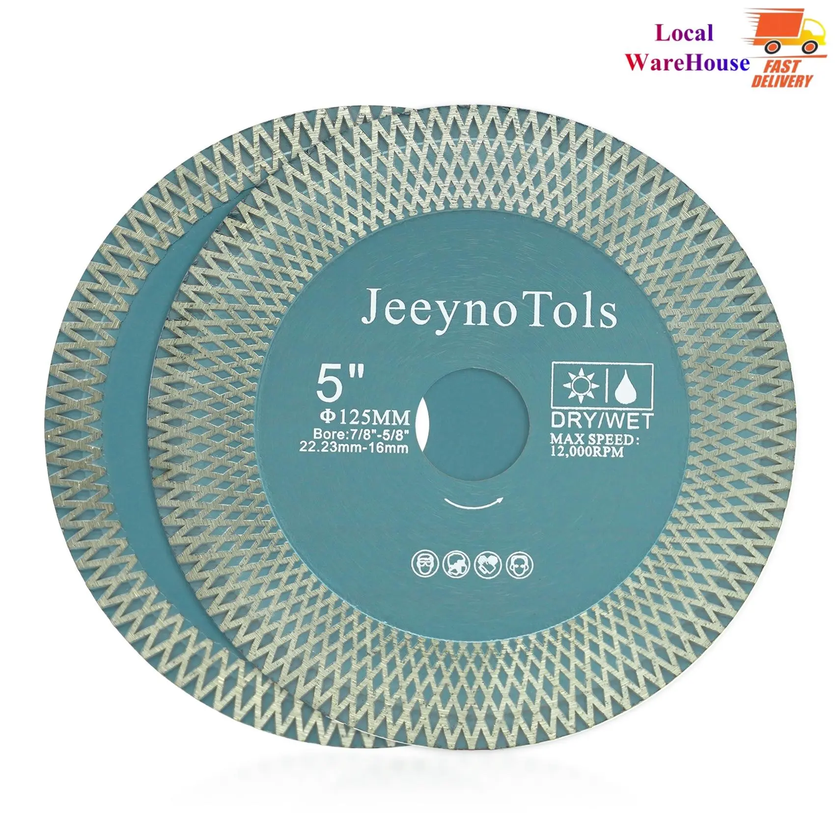 2PCs X-Teeth Diamond Polishing Pads, 5 Inches(125mm Diameter) Dual-Coated Vacuum Braze Diamond Grinding Discs with 7/8"-5/8" Arbor, 1.9mm Thickness, Reducer Washer, 2-in-1 Cut and Grind Power Tool Accessories for Granite, Concrete