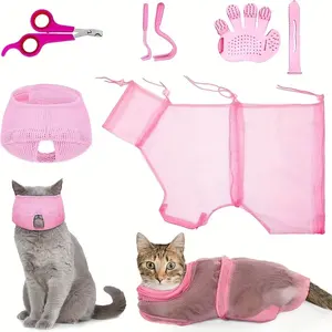Set of 6 Cat Bathing Bags, Adjustable Grooming Net, Pet Shower Muzzles, Nail Clippers, Tick Removal Tool, And Massage Brush in Pink, Without Battery outdoorfun