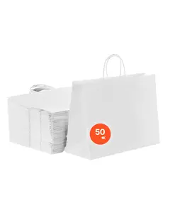 Kraft Paper Bags With Handles - 50 Pack, 16 x 6 x 12 Inches, White - Eco Friendly, Recyclable Gift Bags For Party, Shopping, Retail, Catering, Bakery, Takeout, Event Decor, Durable Flat Bottom