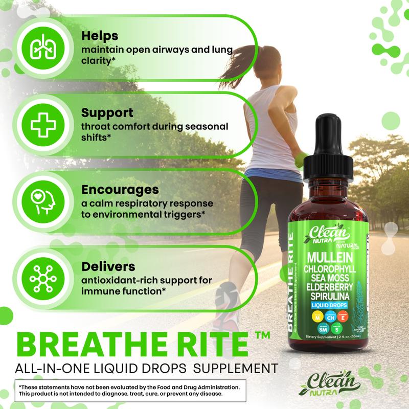 Clean Nutra Chlorophyll, Sea Moss, Elderberry, Spirulina, Licorice, Tart Cherry, Lobelia, Motherwort & More for Lung Detox Liquid Drop – Breathe Rite