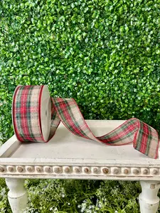 2.5 Inch By 50 Yard Natural Emerald And Dark Red Woven Plaid Ribbon