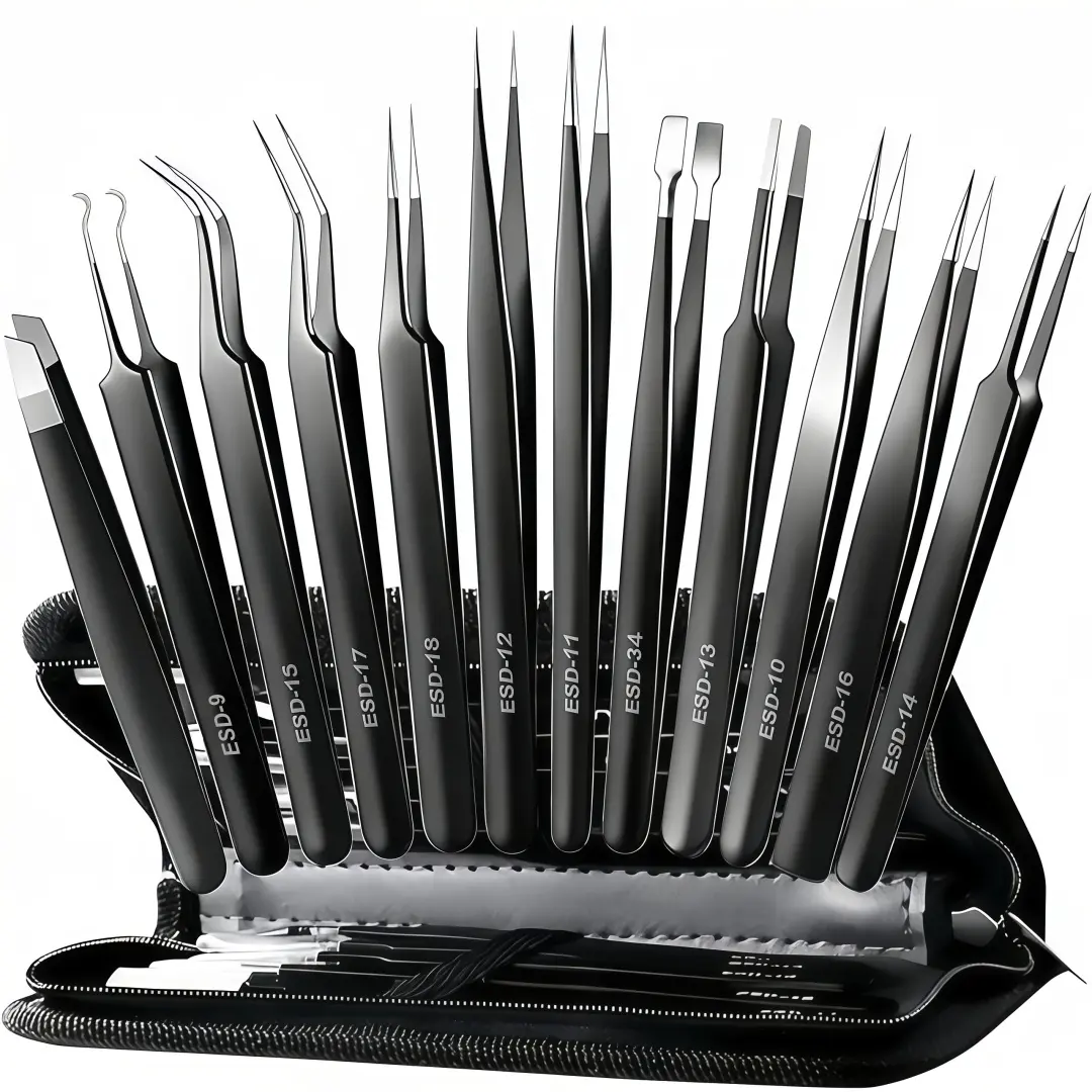 LMMAKE 12Pcs Durable Precision Tweezers Set - Lightweight Plastic Handle, Anti-Static Stainless Steel Tips, Storage Box - for Crafts, Stamp, Soldering, Paper Sculptures (Beauty & Personal Care Gift)