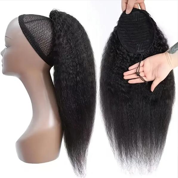 Chic Yaki Straight 100% Human Hair Ponytail Extension, Clip & Drawstring Secure Fit, 1B Natural Color, 10-20 Inch 100g, Versatile Natural Style for All Women