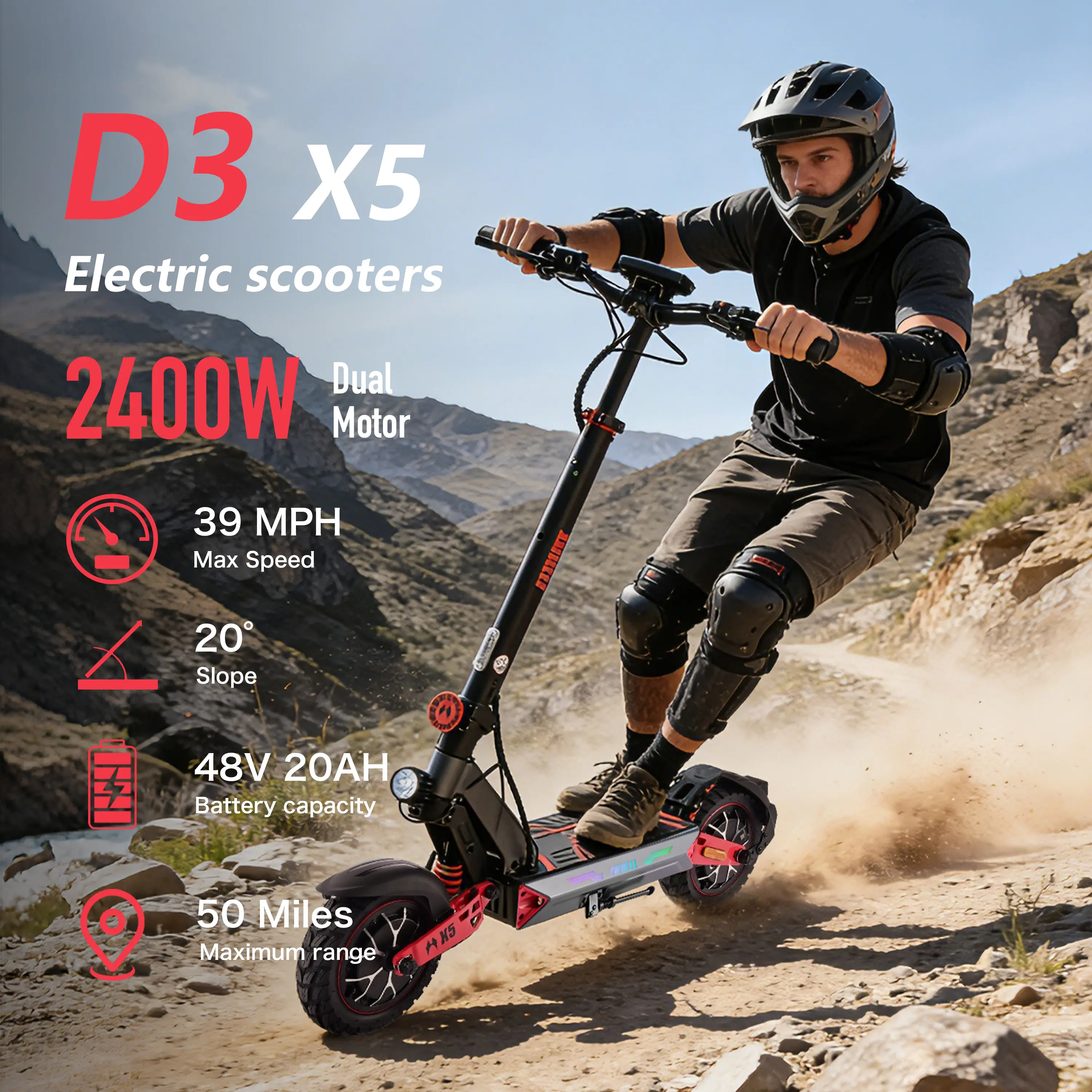D3 X5 Electric Scooter 2400W Dual Motor 39 MPH Max Speed 48V 20AH Battery 50 Miles Range 20 Degree Slope,Lightweight & Foldable, Hands-Free Unlocking,330lbs Load Capacity