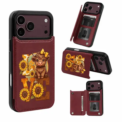 Love & Highlandcow Pattern Leather Card Holder Phone Case, Suitable for iPhone 18 Pro Max 17 Air 16 15Plus 14 13 12 Galaxy S25Ultra S24FE S23 S22 Phone Case, Leather Phone Case with Card Holder, Protective Cover, Shockproof Drop.JY122